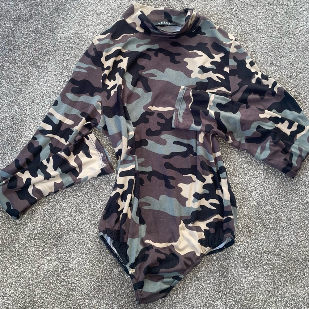 AKIRA Camouflage Long Sleeve Mock Neck Stretchy Soft Bodysuit
